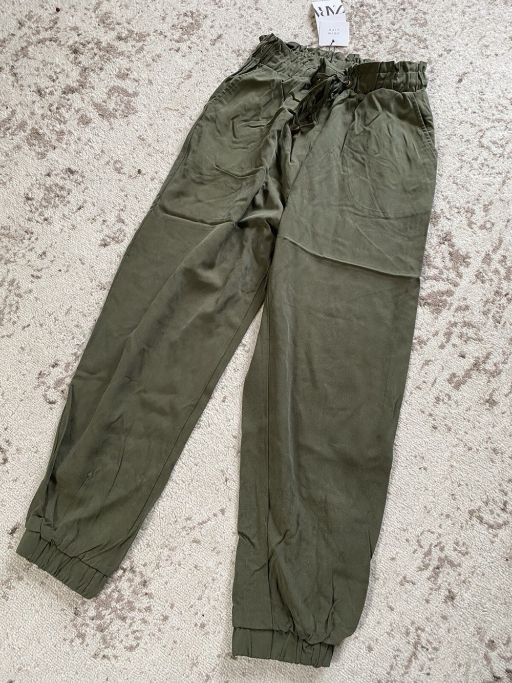 Zara Olive Drawstring Paperbag Waist Joggers